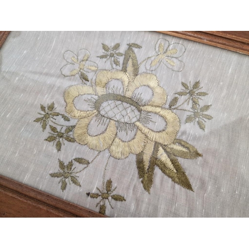 64 - Wooden Framed Embroidery of Flowers with Twin Metal Carrying Handles, (Approx. 35 x 25cm)