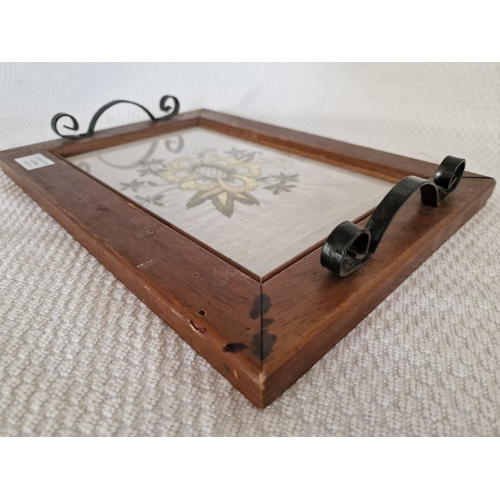 64 - Wooden Framed Embroidery of Flowers with Twin Metal Carrying Handles, (Approx. 35 x 25cm)