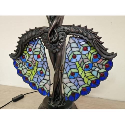 2 - Art Nouveau Style 'Crosa' Bronze Effect Figurine Lamp with Tiffany Style Multicolour Glass Shades, (... 