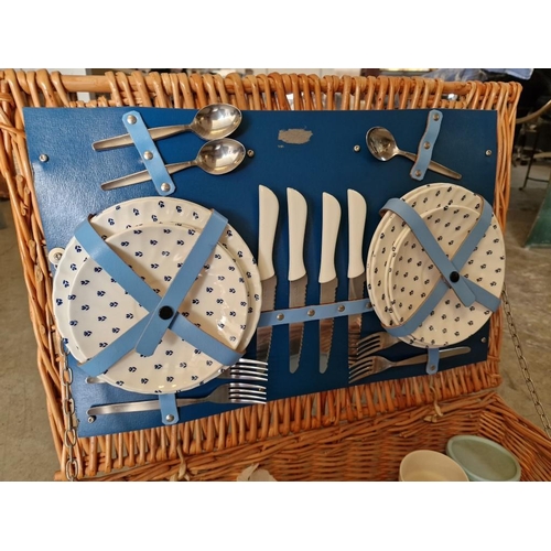 18 - Vintage Wicker Picnic Hamper with Original Contents; China Plates, Cutlery, Mugs, Tupperware, etc