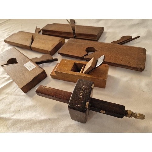 34 - Collection of 5 x Vintage Wood Planes, Together with Hardwood & Brass Carpenters Scrobe, (6)