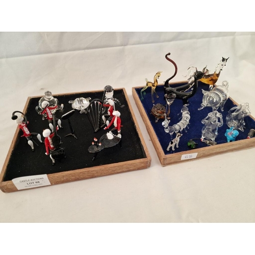 68 - Collection of 15 x Glass Animals and 7 Piece Glass Orchestra Members, on Velvet Trays