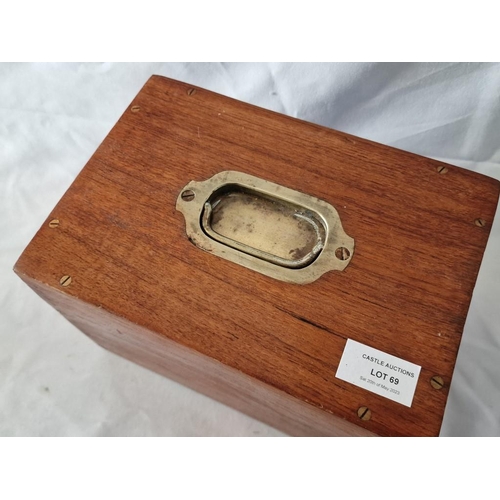 69 - Antique Wooden Box with Brass Fittings, Hinged Lid and Lined Fabric, (Approx. 24 x 17 x 17cm)