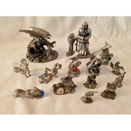 81 - Collection of Pewter Miniatures; Mystic Legends The Wizard of Infinity, 5 x Un-named Dragons, Donkey... 