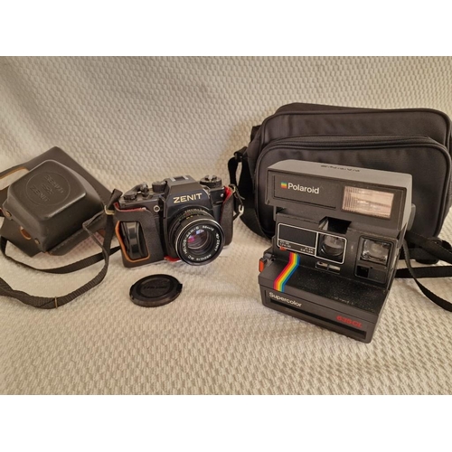 799 - Vintage Zenit 122 35mm Film Camera with 58mm Lens and Case, Together with Vintage Polaroid Supercolo... 