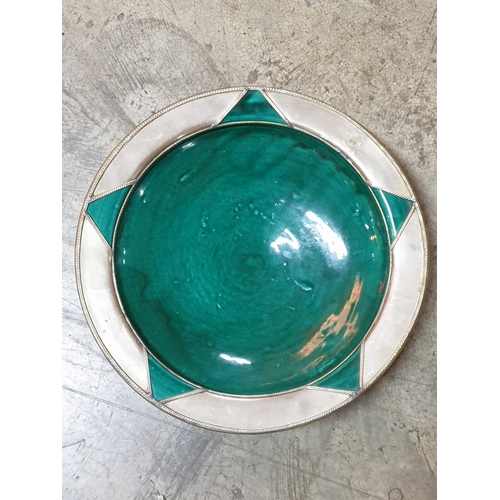 802 - Large Decorative Pottery Bowl with Green and Silver Coloured Details