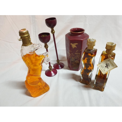 807 - Home Items inc; Vase, Candlesticks, Glass Horse Shaped Liquored Bottle and 2 x Aromatic Olive Oil Bo... 