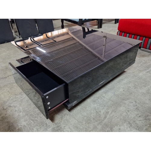 812 - Modern Black Gloss Square Coffee Table with Glass Top and 2-Drawers, (Approx. 100 x 100 x 36cm)