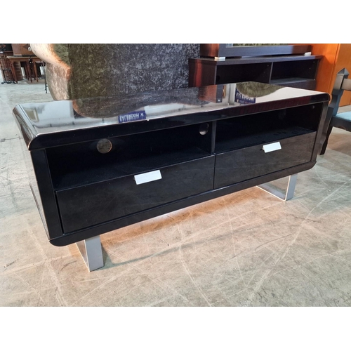 813 - Modern Black Gloss TV Unit with 2-Drawers and Open Shelves Over Chrome Legs, (Approx. 120 x 45 x 50c... 