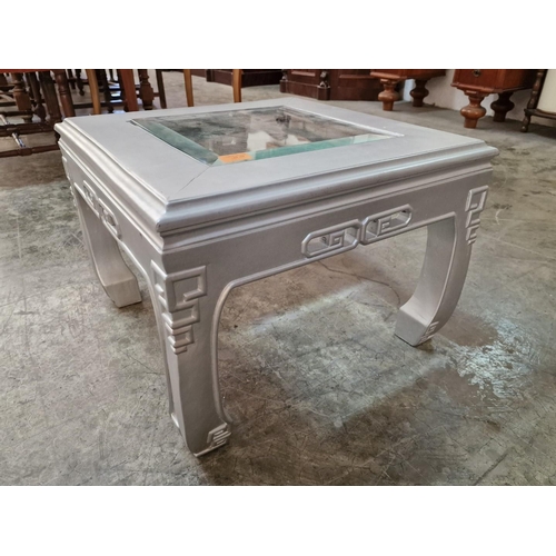 814 - Silver Colour Square Side Table with Inset Glass Top, (Approx. 50 x 50 x 35cm)