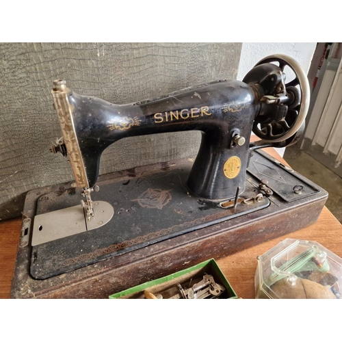 132 - Vintage Cast Iron Singer Sewing Machine, Hand Wind, Circa 1947, in Carry Case