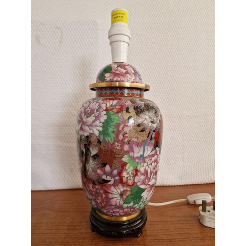 137 - Decorative Cloisonne Vase Lamp Base, over Wood Base, (Approx. H: 42cm)