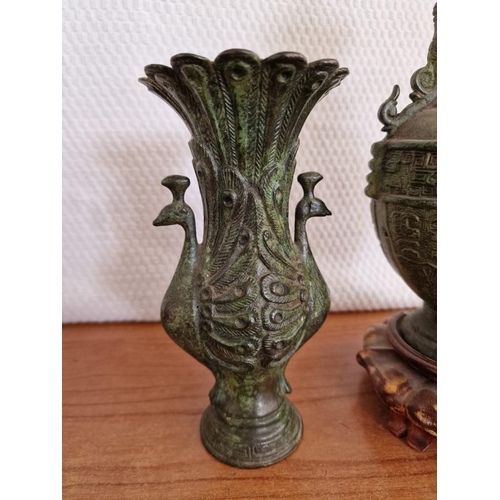 144 - Decorative Far-East Style Bronze(?) Table Lamp Base with Wooden Base, (Approx. H: 36cm), Together wi... 