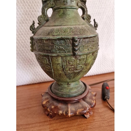 144 - Decorative Far-East Style Bronze(?) Table Lamp Base with Wooden Base, (Approx. H: 36cm), Together wi... 