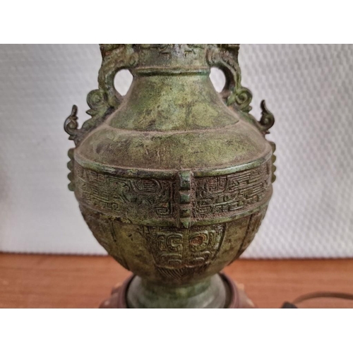 144 - Decorative Far-East Style Bronze(?) Table Lamp Base with Wooden Base, (Approx. H: 36cm), Together wi... 