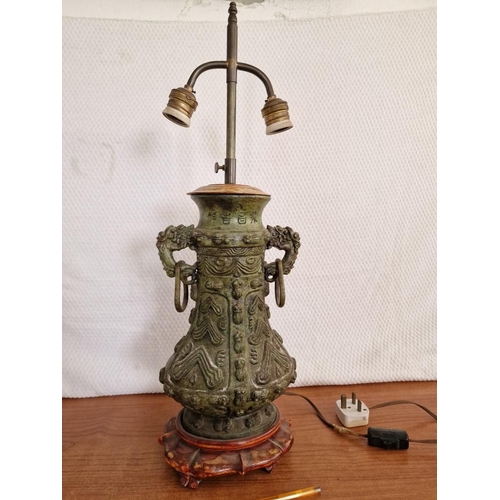 145 - Large Far-East Style Bronze(?) Table Lamp with Adjustable Height 2-Spot Fitting, Over Carved Wood Ba... 