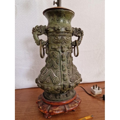 145 - Large Far-East Style Bronze(?) Table Lamp with Adjustable Height 2-Spot Fitting, Over Carved Wood Ba... 