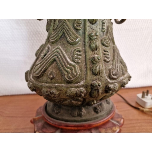 145 - Large Far-East Style Bronze(?) Table Lamp with Adjustable Height 2-Spot Fitting, Over Carved Wood Ba... 