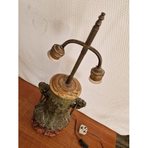 145 - Large Far-East Style Bronze(?) Table Lamp with Adjustable Height 2-Spot Fitting, Over Carved Wood Ba... 