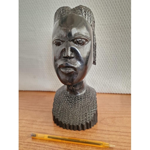 147 - Carved Ebonised Wooden Bust of African Female, (Approx. H: 23cm)