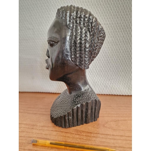 147 - Carved Ebonised Wooden Bust of African Female, (Approx. H: 23cm)