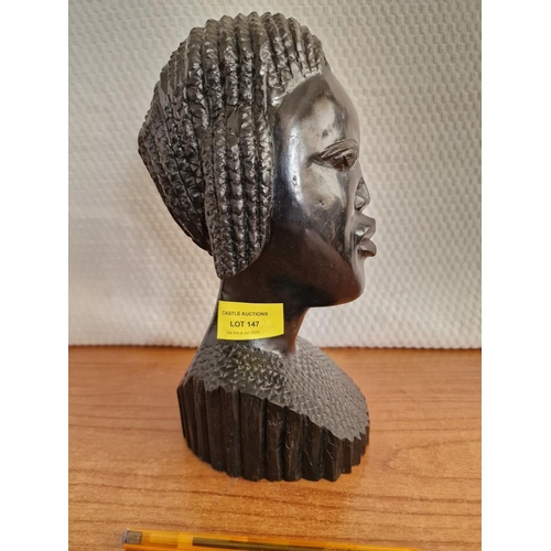 147 - Carved Ebonised Wooden Bust of African Female, (Approx. H: 23cm)