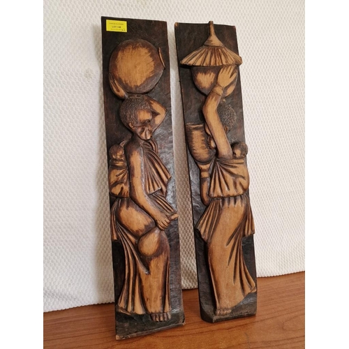 148 - 2 x Wall Hanging Carved Wood Relief Panels of African Figures, (Approx. 62 x 13cm each), (2)