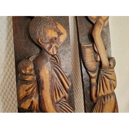 148 - 2 x Wall Hanging Carved Wood Relief Panels of African Figures, (Approx. 62 x 13cm each), (2)