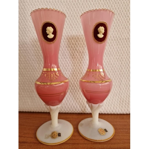 150 - Pair of Hand Blown Opaline Glass Vases in Pink Colour with Gold Tone Decoration and Victorian Style ... 