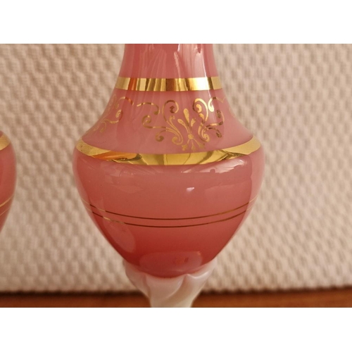 150 - Pair of Hand Blown Opaline Glass Vases in Pink Colour with Gold Tone Decoration and Victorian Style ... 