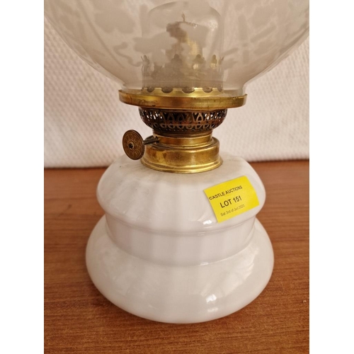 151 - Vintage Oil Lamp with White Glass Base, Decorative Round Shade and Glass Funnel, (a/f), (Approx. H: ... 