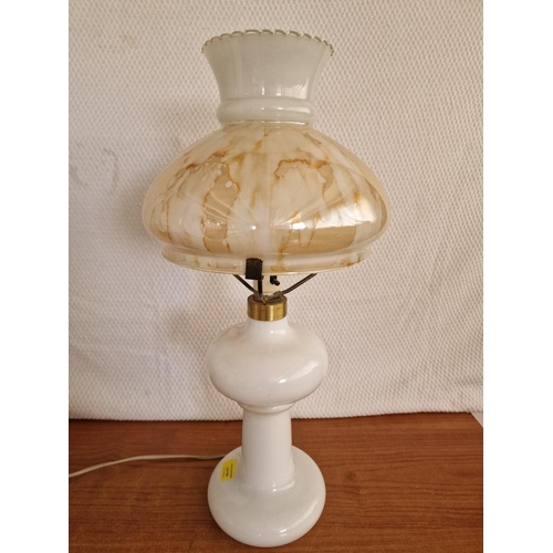 155 - Vintage White Glass Table / Side Lamp in Style of Oil Lamp, with Decorative Shade, (Approx. H: 57cm)