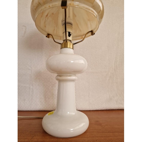 155 - Vintage White Glass Table / Side Lamp in Style of Oil Lamp, with Decorative Shade, (Approx. H: 57cm)