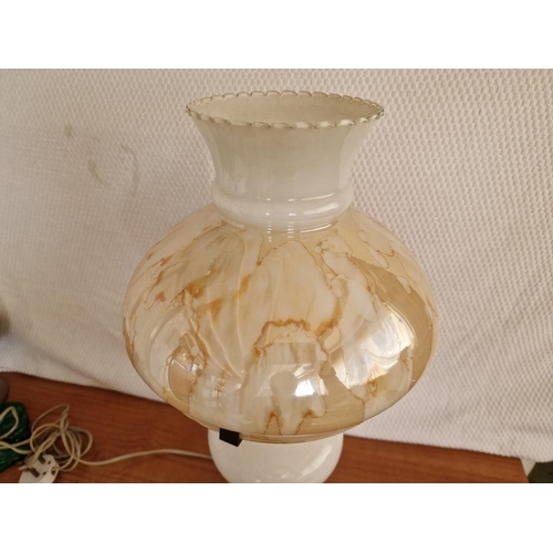 155 - Vintage White Glass Table / Side Lamp in Style of Oil Lamp, with Decorative Shade, (Approx. H: 57cm)