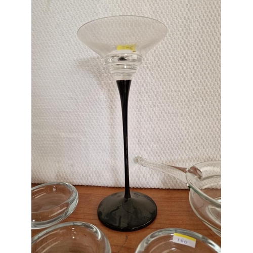 160 - Tall Black & Clear Glass Candle Holder, Together with Glass Saucepan and 3 x Round Dishes, (5)