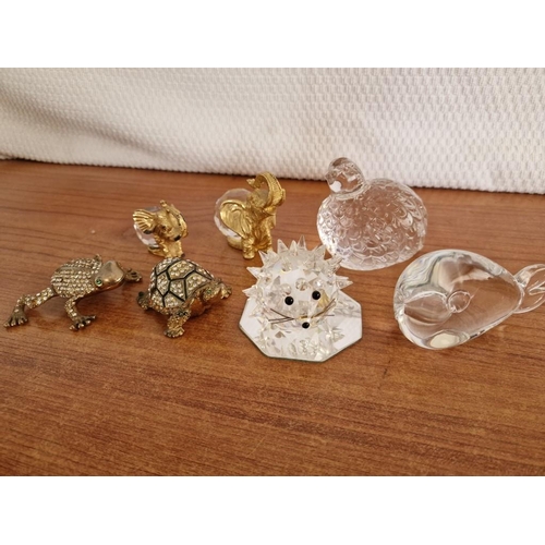 161 - Collection of Ornaments; Crystal Hedgehog, Glass Whale (signed), Glass Bird (signed), 2 x Elephants ... 