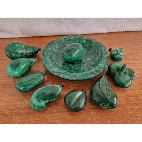 163 - Collection of Green Soap Stone / Malachite(?) Items; Round Bowl and Qty of Fruits & Egg Shape, (10)