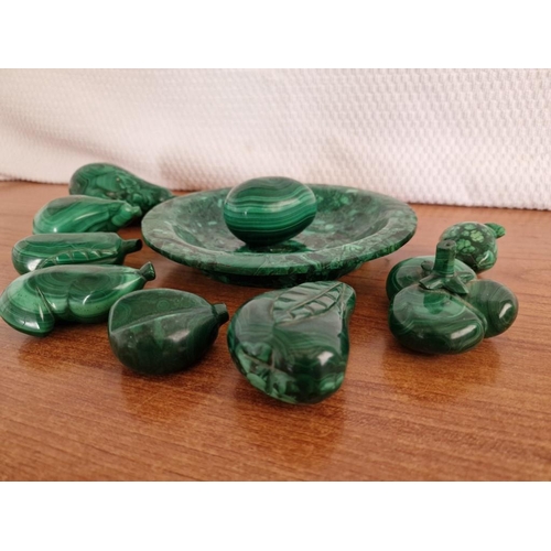 163 - Collection of Green Soap Stone / Malachite(?) Items; Round Bowl and Qty of Fruits & Egg Shape, (10)