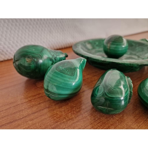 163 - Collection of Green Soap Stone / Malachite(?) Items; Round Bowl and Qty of Fruits & Egg Shape, (10)