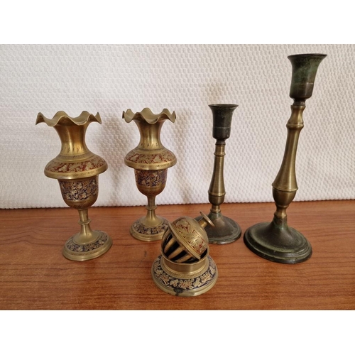 165 - 2 x Brass Candlesticks, Pair of Decorative Metal Candlesticks and Matching Bell in Stand, (5)