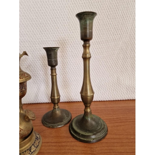 165 - 2 x Brass Candlesticks, Pair of Decorative Metal Candlesticks and Matching Bell in Stand, (5)