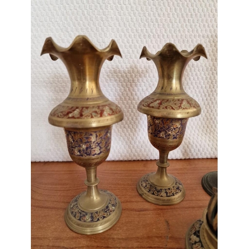 165 - 2 x Brass Candlesticks, Pair of Decorative Metal Candlesticks and Matching Bell in Stand, (5)