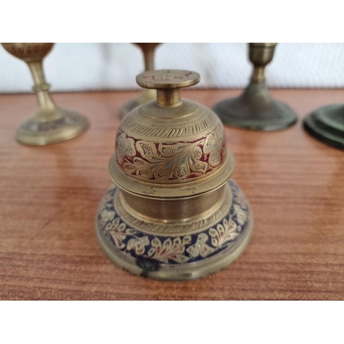 165 - 2 x Brass Candlesticks, Pair of Decorative Metal Candlesticks and Matching Bell in Stand, (5)