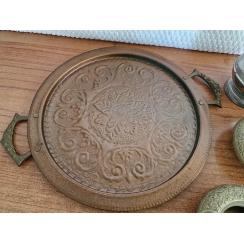 166 - Decorative Round Metal Tray with Twin Handles, Together with Paid of Brass Ashtrays, Face Themed Ash... 