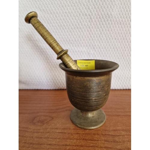 167 - Brass Pestle and Mortar, (Approx. Ø: 10cm, H: 11cm, L: 20cm), (2)