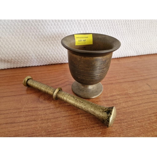 167 - Brass Pestle and Mortar, (Approx. Ø: 10cm, H: 11cm, L: 20cm), (2)