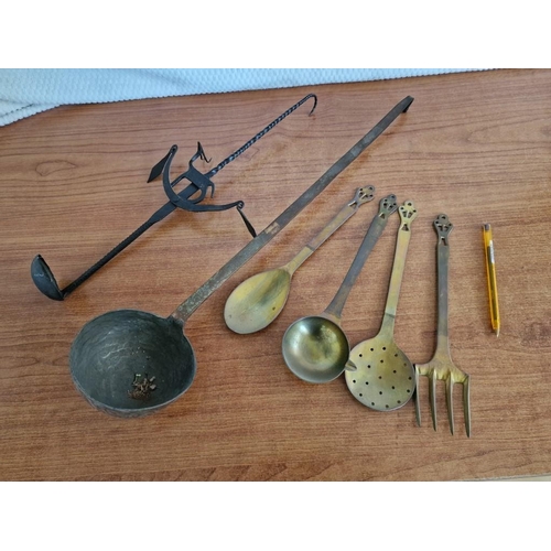 172 - Vintage Long Handle Spoon, (Approx. 55cm), Set of Brass(?) Spoons & Fork and Long Twisted Handle Han... 