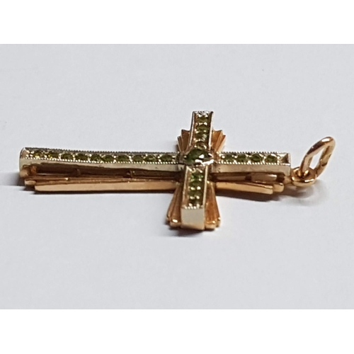 261 - 14ct Gold Cross Pendant with Green Stone (Approx 30 x 1.8cm Overall) Total Weight 2.77gr