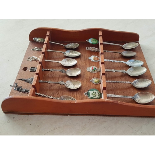 366 - Vintage / Retro Collectable Souvenir Spoons (12) Together with Wooden Display Wall Shelf (23 x 28cm)