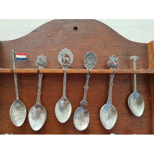 367 - Vintage / Retro Collectable Souvenir Spoons (12) Together with Wooden Display Wall Shelf (25 x 31cm)